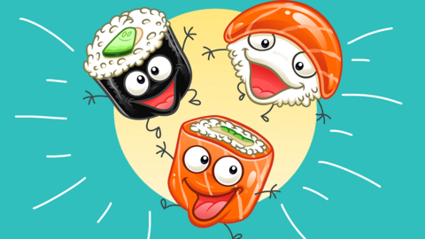 Three happy looking cartoon sushi pieces