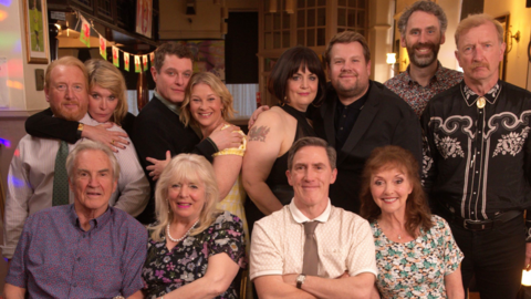 The cast of Gavin & Stacey: The Finale looking at the camera, either smiling or with straight faces