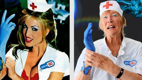 A mature woman recreates the album cover of Blink-182's Enema of the State, which is a younger blonde woman in a fancy dress nurse's outfit, putting on a blue glove