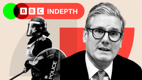 Montage of Sir Keir Starmer and a police officer in riot gear