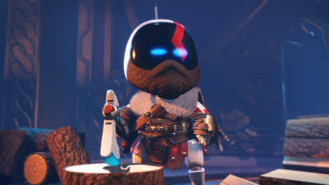 Screenshot shows a cartoon robot dressed in leather armour and wielding an axe. He also wears furs and a fake beard to make him resemble Kratos from the God of War games.