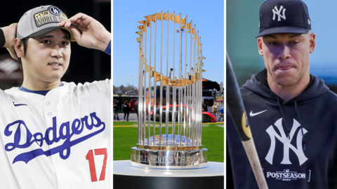 Los Angeles Dodgers' Shohei Ohtani, the Commissioner's Trophy and New York Yankees' Aaron Judge