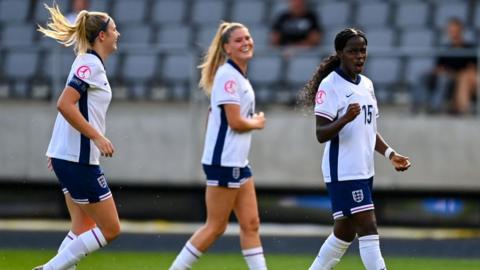 Vivienne Lia of England, right, celebrates after scoring her side's eighth goal during the UEFA Women's Under-19 Championship