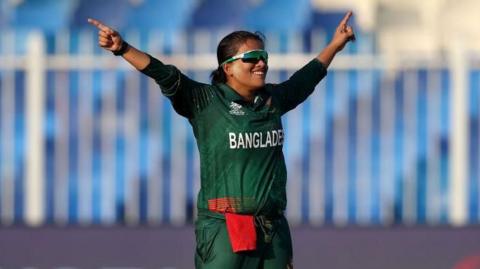 Bangladesh bowler Nahida Akter celebrates a wicket v Scotland in the Women's T20 World Cup