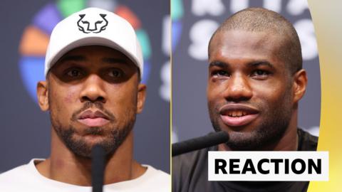 Split image of Anthony Joshua and Daniel Dubois speaking at post-fight news conference