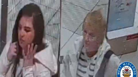 A composite image of two CCTV stills - on the left is a young woman with dark hair wearing a white coat; on the right is an older woman with short light blonde hair and glasses, wearing a white and black striped top and a white coat. A West Midlands Police logo is in the bottom right corner.