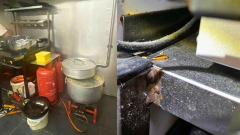 Images from Momo House (left) shows gas cannisters next to tandoori ovens and in The Peri Peri Chicken Hut (right) there is a dead cockroach on the work surface