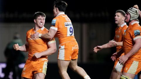 Sale players celebrate a try