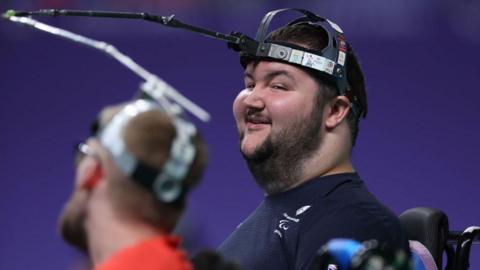 Will Arnott (r) of Great Britain during the men's BC3 preliminary round boccia match against Patrick Wilson