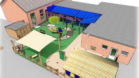 An artist's impression of the new outside space. There is a wheelchair track, a tree, a covered area, seats, and contraptions that look like they may be part of the sensory angle of the new scheme.