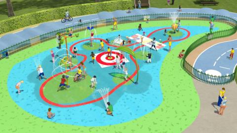 An artist's impressions of new Hinksey Splash Park showing parents and children enjoying the facility on a sunny day