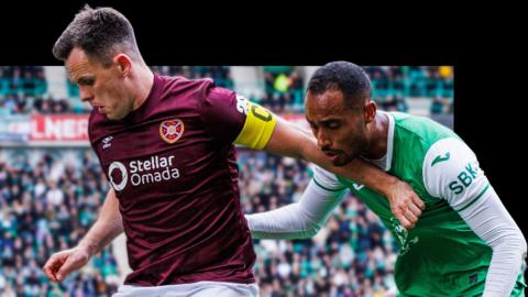 Hearts' Lawrence Shankland and Hibernian's Jordan Obita