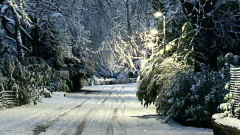 A snow-covered road in Lancashire, lined by trees and fences which are also dusted in snow. 