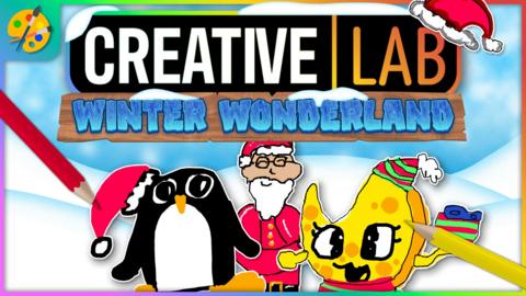 "CBBC Creative Lab: Winter Wonderland" - Three stickers of Cheese, a penguin and santa are in the snow