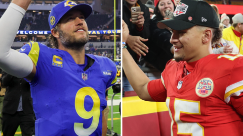 Matthew Stafford of the Los Angeles Rams and Patrick Mahomes of the Kansas City Chiefs celebrate with the fans