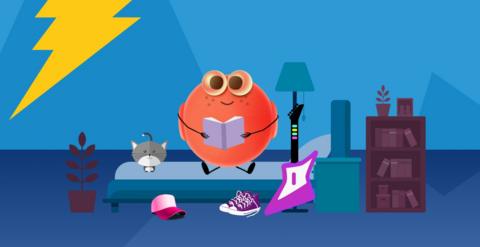 A cartoon character (a round red ball with eyes, a smile) is reading a book - sat on a bed.