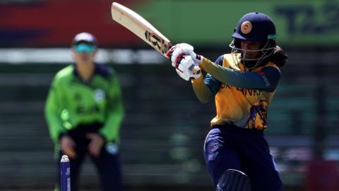 Harshitha Samarawickrama in action for Sri Lanka against Ireland