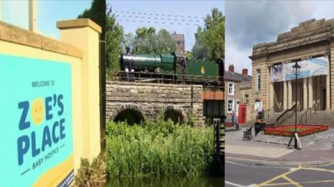 A composite image of three photographs. The first shows a blue sign for the baby hospice trust Zoe's Place, set against a yellow wall outside a building. The second shows a green heritage train passing over a viaduct above a river on a sunny day. The third shows a town hall, with neo-classical columns, in front of a small flower bed. 