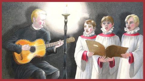 A priest playing guitar with three choirboys singing next to him.