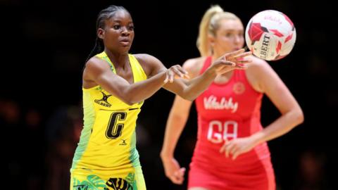 Crystal Plummer of Jamaica spins the ball out during the International Horizon Series match between England Vitality Roses and Jamaica Sunshine Girls at AO Arena on November 17, 2024