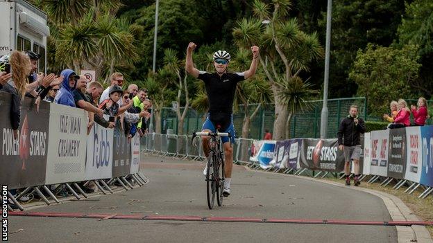 Nathan Draper crosses the line to take victory at the Gran Fondo Isle of Man