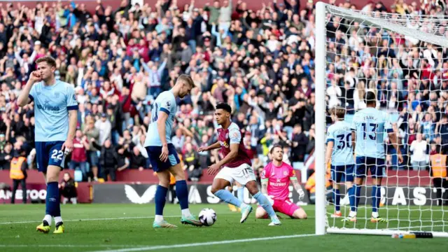 Ollie Watkins scores his second goal for Aston Villa during a Premier League against Brentford