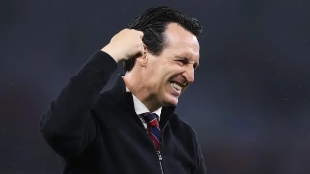 Unai Emery celebrates a goal for Aston Villa. 