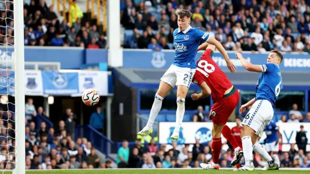 Sasa Kalajdzic scores Wolves' first goal during a Premier League match against Everton