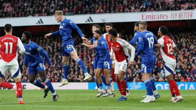 Everton's Jarrad Branthwaite clears the ball during the Premier League match between Arsenal FC and Everton FC at Emirates Stadium