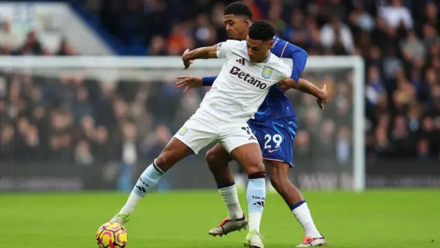 Ollie Watkins battles for possession with Wesley Fofana