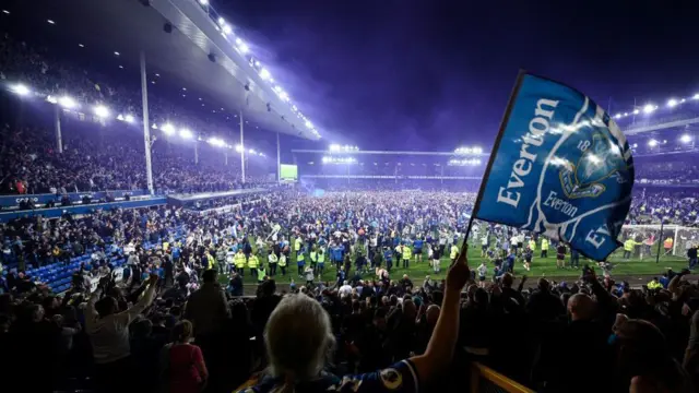 Goodison Park with a pitch invasion