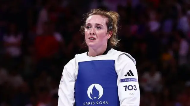 Rebecca McGowan of Team Great Britain reacts after losing the Women's +67kg Bronze Medal contest against Nafia Kus Aydin of Team Türkiye (not pictured) on day fifteen of the Olympic Games Paris 2024