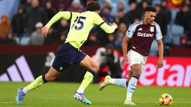 Ollie Watkins of Aston Villa takes on Nathan Wood of Southampton