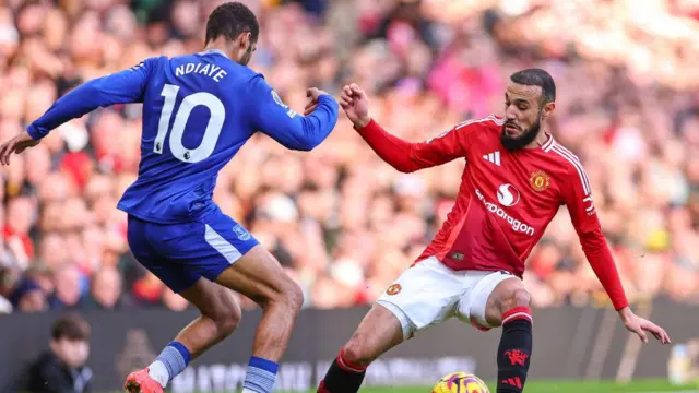 Iliman Ndiaye of Everton and Noussair Mazraoui of Manchester United during the Premier League match between Manchester United FC and Everton FC at Old Trafford