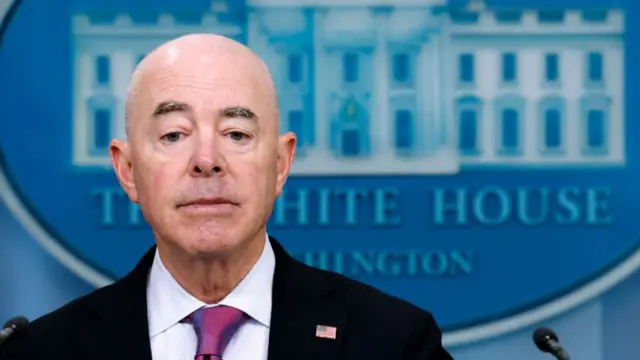 United States Secretary of Homeland Security Alejandro Mayorkas seen during a press briefing