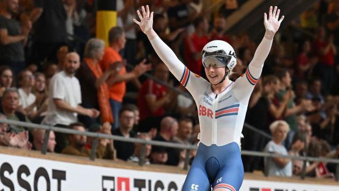 Britain's Emma Finucane celebrates winning the women's sprint final at the UCI Track Cycling World Championships in Denmark in 2024