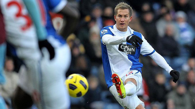 Morten Gamst Pedersen takes a free-kick for Blackburn Rovers in the Premier League