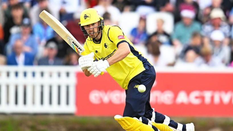 Joe Weatherley of Hampshire Hawks plays a shot during the T20 Vitality Blast match between Somerset and Hampshire Hawks.