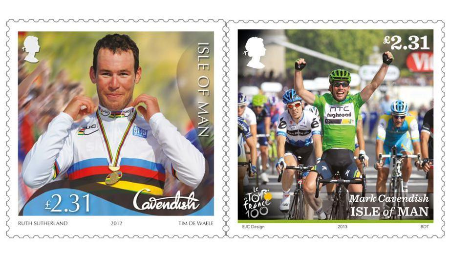 Mark Cavendish wearing the gold medal and Rainbow Jersey of World Road Race Champion, and crossing the fishing line wearing green with his arms in the air with clenched fists in celebration as he crosses the finishing line. 