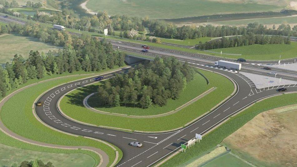 A visualisation of junction improvements as part of Tomatin-Moy A9 upgrade. It shows a dual carriageway and a road looping round and underneath a road bridge.