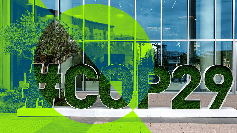 A free-standing sign with the grass-filled logo for COP29 overlaid with a pale green abstract pattern, with a circle cut in half. 