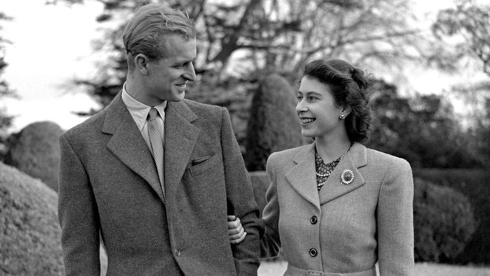 The Duke of Edinburgh and Queen Elizabeth II in 1947 on their honeymoon at Broadlands in Hampshire