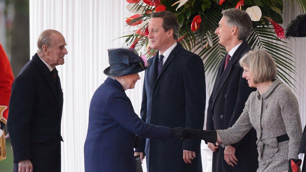 Prince Philip meeting with David Cameron and Theresa May in 2014