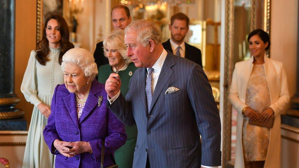 Catherine, Duchess of Cambridge, Camilla, Duchess of Cornwall, Prince William, Duke of Cambridge, Prince Harry, Duke of Sussex, Queen Elizabeth II, Prince Charles, Prince of Wales and Meghan, Duchess of Sussex attend a reception to mark the fiftieth anniversary of the investiture of the Prince of Wales at Buckingham Palace on March 5, 2019 in London, England