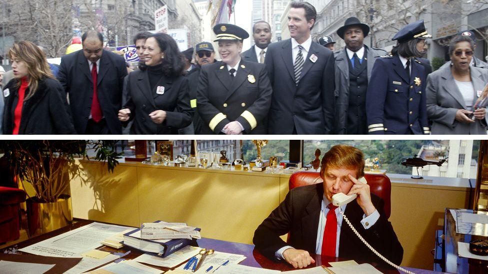 Composite image shows Kamala Harris at the annual Martin Luther King Jr Freedom March in Washington in 2004, and Donald Trump in his office in Trump Tower in 1987