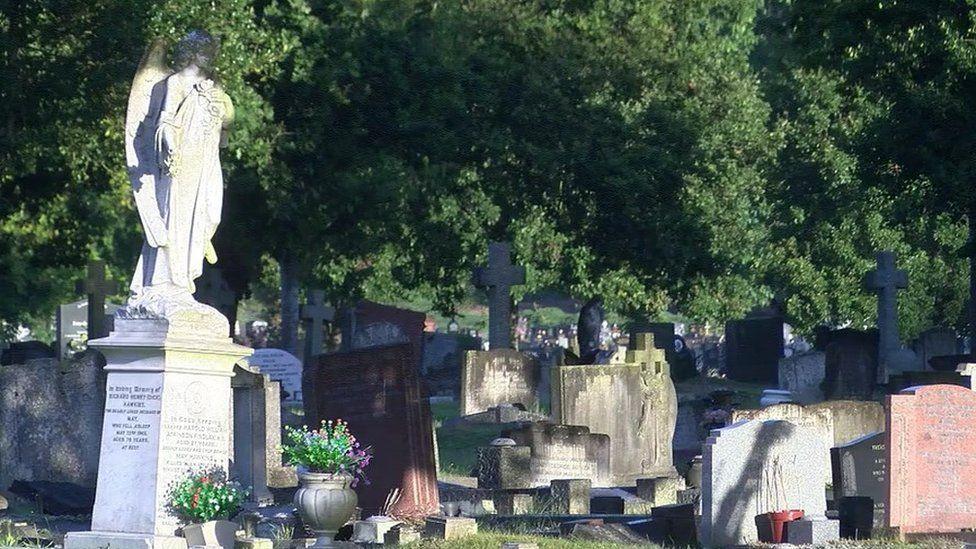 Numerous graves within a large grass area surrounded by leafy trees