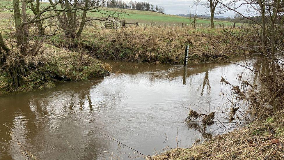 A flooded ford with water pushing up on to the road in the centre of the picture. A measuring stick sticks up from close to the bank. 