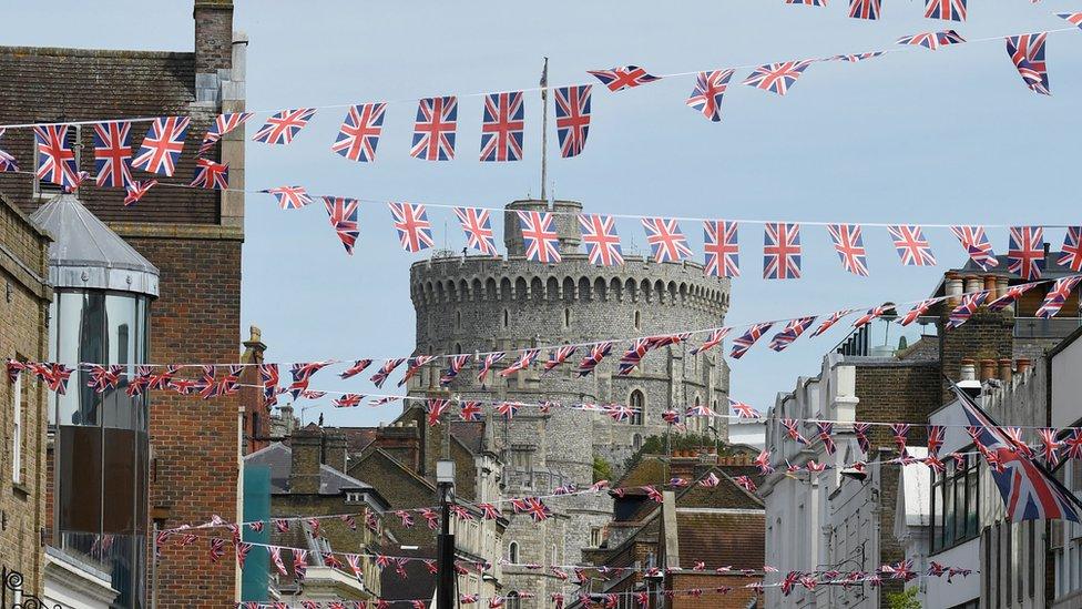 Union Flag bunting adorns the street in front of Windsor Castle