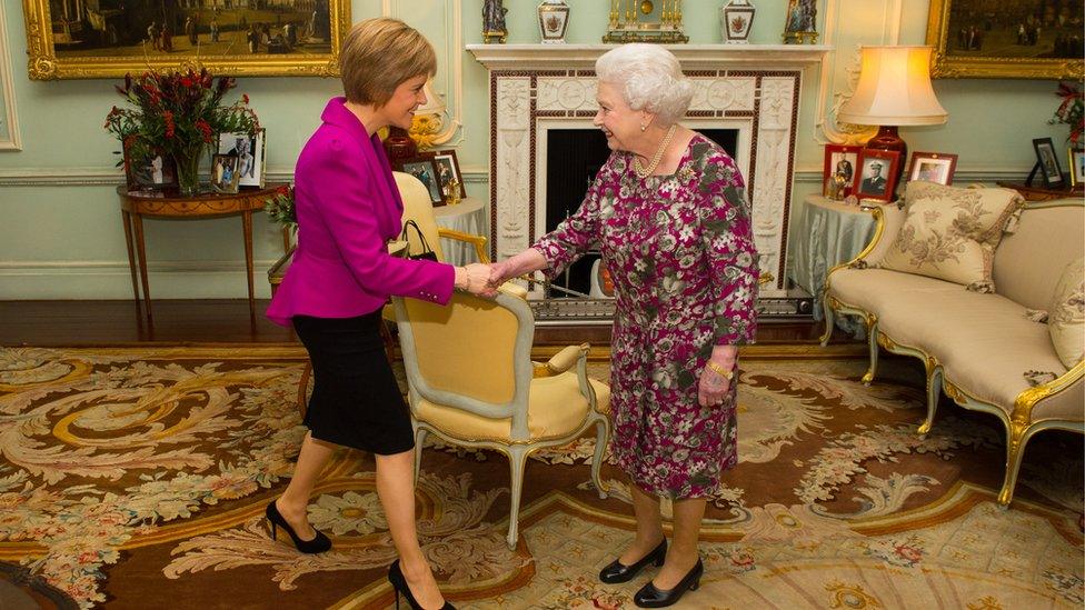 Queen Elizabeth holds an audience with the First Minister of Scotland Nicola Sturgeon at Buckingham Palace on December 10, 2014