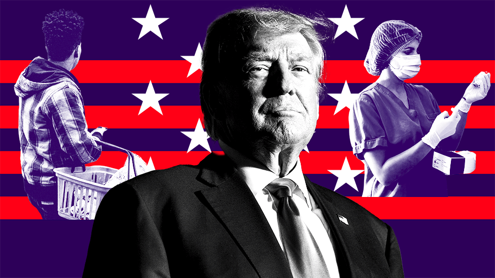 Stylised BBC image showing Donald Trump in black and white on a coloured background with red and blue stripes and white stars. There are two figures in the background - a shopper with a basket and a nurse.